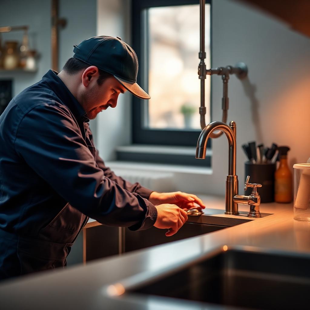 Plumbing technician working on a water heater in a utility room