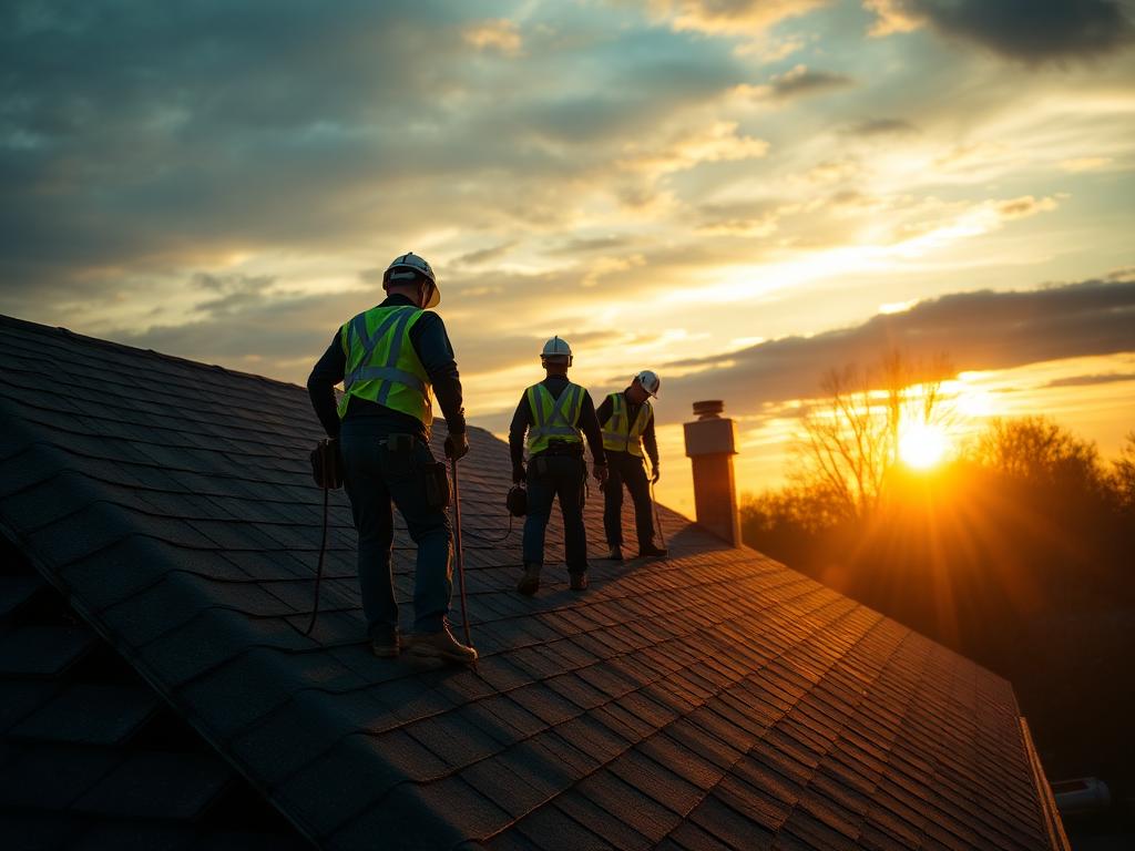 Roofing contractor on a residential roof at sunrise